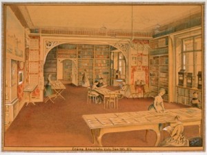 Pohled do historického interiéru knihovny Náprstkova muzea – Čítárna Amerického klubu dam, kresba Jan Maloch, 1975
